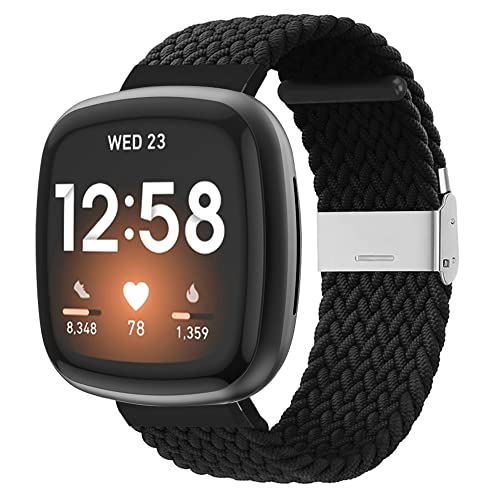 Sport Armband Kompatibel mit Fitbit Versa 3 Nylon Ersatzarmband für Fitbit Sense Armband Metall Einstellbar Weiches Nylon Stoff Armbänder für Fitbit Versa 3/Sense (Schwarz,M) von BrynnShop