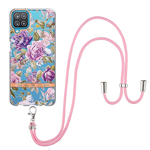 für Samsung Galaxy A12/M12 Hülle mit Band Handyhülle Blumen Case für Damen Umhängen Schutzhülle Transparent 360 Grad Kordel Schnur Silikon Kompatibel für Samsung Galaxy A12/M12 (B) von BrynnShop