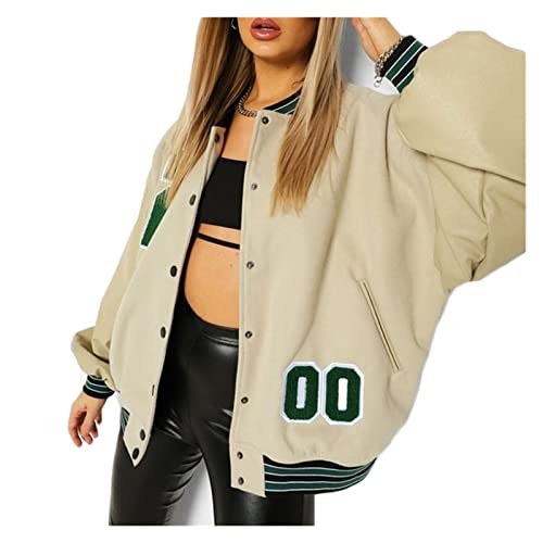 Bsdsl Damen Baseball Varsity Jacke Vintage Streetwear Jacke mit Taschenmantel Brief Outwear Reißverschluss College Sweatjacke (Color : Apricot, Size : S) von Bsdsl