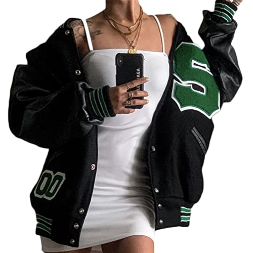 Bsdsl Damen Baseball Varsity Jacke Vintage Streetwear Jacke mit Taschenmantel Brief Outwear Reißverschluss College Sweatjacke (Color : Black 1, Size : XL) von Bsdsl