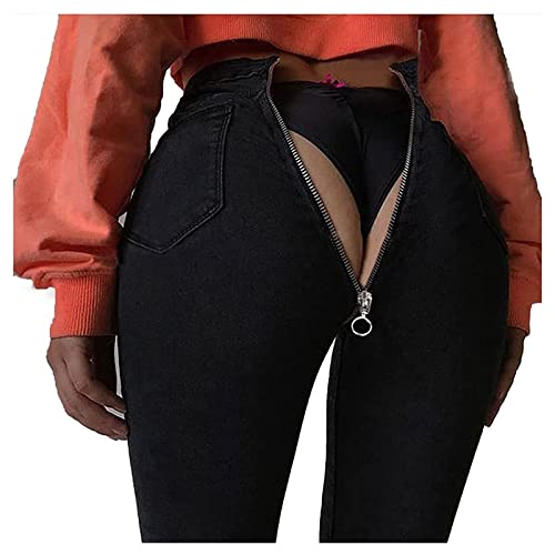 Bsdsl Jeans mit Reißverschluss hinten für Damen Skinny Denim Pants Stretch Jeggings Slim Hose mit hoher Taille (Color : Black, Size : L) von Bsdsl