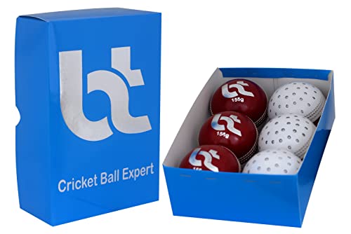 Cricket-Bälle, Rot/Weiß, gepunktet, 156 g, 2 Bälle, Packung mit 6 Bällen, echtes Leder, hervorragende Qualität. von Bt cricket ball expert
