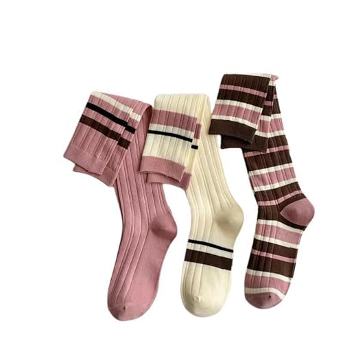 BuNiq 3 Paare Rosa Gestreifte Socken Langes Bein Und Knielange Socken Minimalistische Frühjahrs -Sommer -Baumwollsocken Für Frauen Mujer -Strümpfe von BuNiq