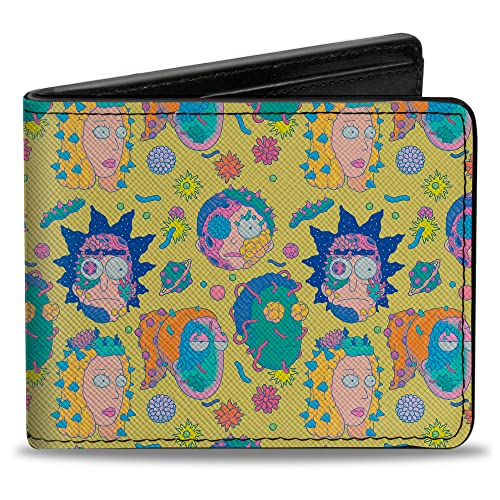 Buckle-Down Rick and Morty Geldbörse, Bifold, Rick and Morty Smith Family Faces and Cells Collage Gelb, veganes Leder, gelb, 4.0" x 3.5", Casual von Buckle-Down