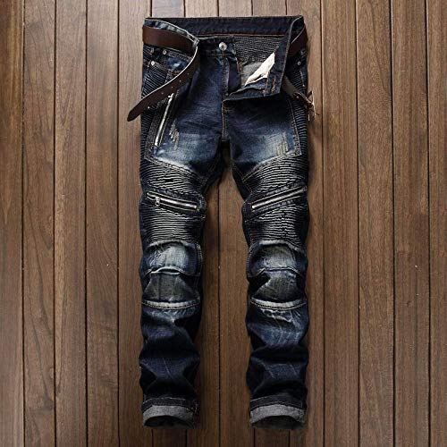 Jeans Pantalon Straight Washed Multi Zipper Hose Plissee Biker Jeans Hose Herren Slim Fit Jeanshose Für Herren 34 001-Dunkelblau von Budalababu