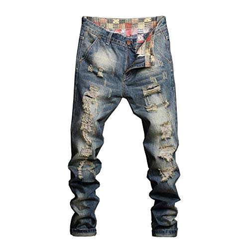 Jeans Pantalon Zerrissene Jeans Für Männer Straight Fit Street Wear Hip Hop Hosen Biker Jeans Herren Distressed Hose 34 Blau von Budalababu