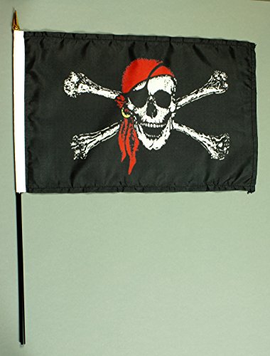 Buddel-Bini Handflagge Tischflagge Pirat mit Kopftuch 20x30 cm mit 42 cm Mast aus PVC-Rohr, ohne Ständerfuß, Stockflagge von Buddel-Bini