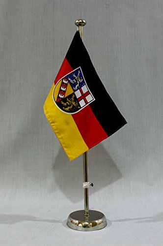 Buddel-Bini Saarland 15x25 cm Tischflagge (CH) mit 42 cm Chrom Tischflaggenständer, edle Ausführung von Buddel-Bini