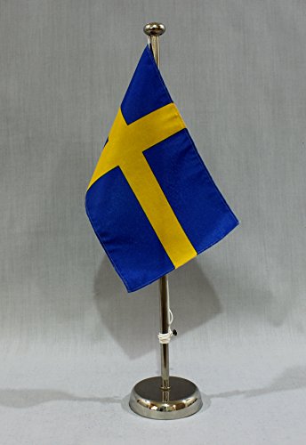 Buddel-Bini Schweden 15x25 cm Tischflagge (CH) mit 42 cm Chrom Tischflaggenständer, edle Ausführung von Buddel-Bini