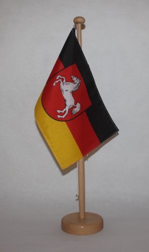 Niedersachsen Tischflagge 15x25 cm in Profiqualität, mit 42 cm Massivholz - Tischständer Niedersachsen Tischflagge 15x25 cm in Profiqualität, mit 42 cm Massivholz - Tischständer von Buddel-Bini