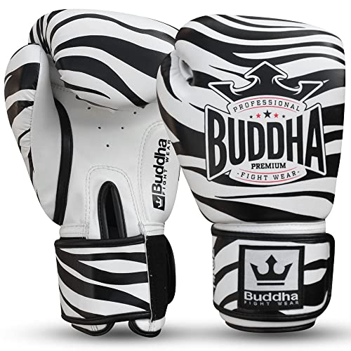 BUDDHA FIGHT WEAR – Fantasy-Zebra-Boxhandschuhe – Muay Thai – Kickboxen – hochwertiges Kunstleder – geruchshemmender Innenstoff – verstärkte Nähte – Schwarz und Weiß – Größe 16 Oz von Buddha Fight Wear