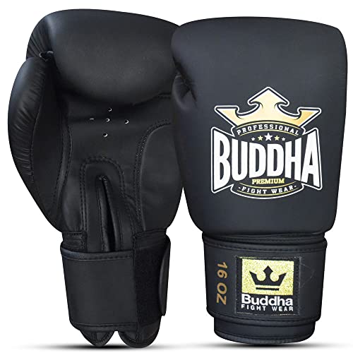Buddha Fight Wear – Thailand-Boxhandschuhe – Muay Thai – Kickboxen – hochwertiges Kunstleder – geruchshemmender Innenstoff – verstärkte Nähte – mattschwarze Farbe – Größe 12 Oz von Buddha Fight Wear