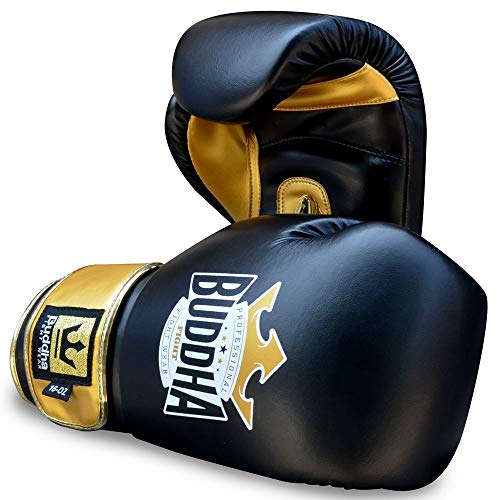 BUDDHA FIGHT WEAR – Top Fight Boxhandschuhe – Muay Thai – Kickboxen – hochwertiges Kunstleder – GS-3-Innenpolsterung – Aufprallschutz – Farbe Schwarz und Gold – Größe 10 Oz von Buddha Fight Wear