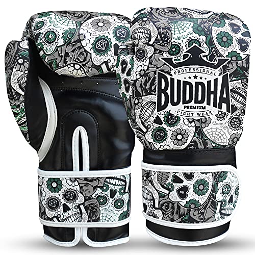BUDDHA FIGHT WEAR – Mexikanische Boxhandschuhe – Muay Thai – Kickboxen – hochwertiges Kunstleder – GS-3-Innenpolsterung – Aufprallschutz – Farbe Schwarz – Größe 14 Oz von Buddha Fight Wear