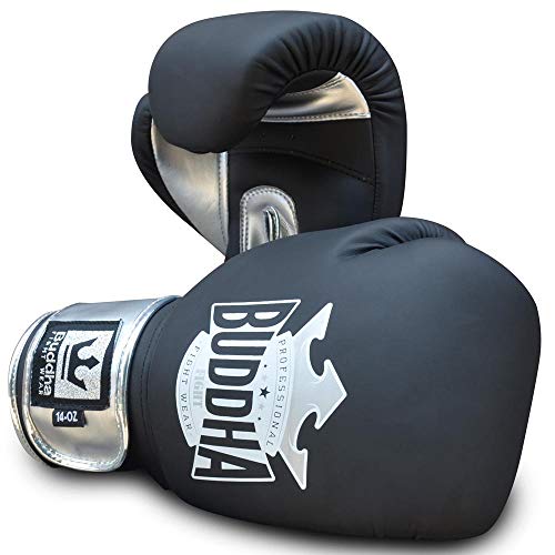 BUDDHA FIGHT WEAR – Top Fight Boxhandschuhe – Muay Thai – Kickboxen – hochwertiges Kunstleder – GS-3-Innenpolsterung – Aufprallschutz – mattschwarze Farbe – Größe 12 Oz von Buddha Fight Wear