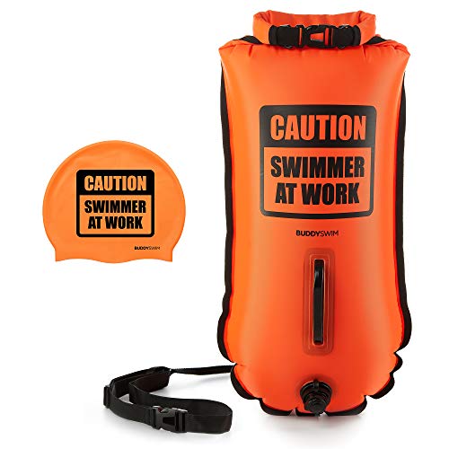 Buddyswim - Schwimmboje für das Freiwasserschwimmen von 28 Litern. Inklusive passender Schwimmbadekappe aus Silikon. Farbe Orange. von Buddyswim
