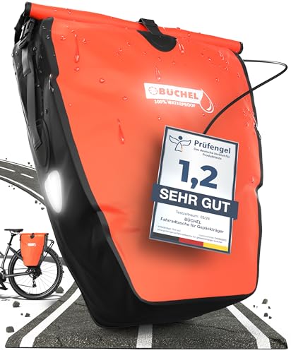 Büchel Fahrradtasche für Gepäckträger I 25.4 L - 100 Prozent Wasserdicht I mit Tragegriff und Schultergurt I fahrrad taschen hinten, Rot/Schwarz, 56,5 x 30 x 15 cm von Büchel
