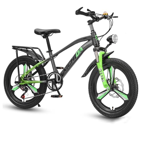 Bueuwe Kinder-Mountainbike für Jungen und Mädchen mit LED-Suchscheinwerfer, 18 20 22 Zoll Fahrrad für 7–16 Jahre, Doppelscheibenbremsen, Variable Geschwindigkeit,Grün,22in von Bueuwe