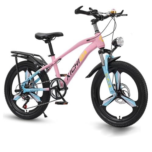 Bueuwe Kinder-Mountainbike für Jungen und Mädchen mit LED-Suchscheinwerfer, 18 20 22 Zoll Fahrrad für 7–16 Jahre, Doppelscheibenbremsen, Variable Geschwindigkeit,Rosa,18in von Bueuwe