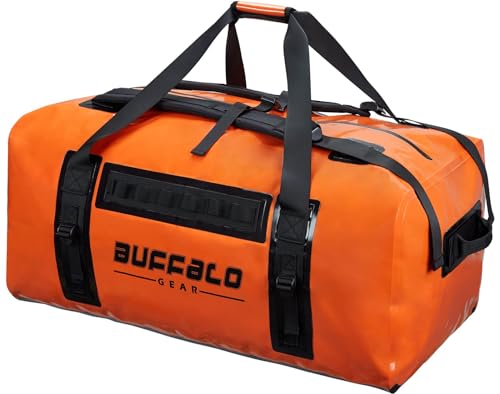Buffalo Gear Wasserdichte Reisetasche, 120 l, 150 l, große Trockentasche, um Ihre Ausrüstung trocken zu halten, für Reisen, Jagd, Camping, Bootfahren, Motorradfahren, Orange/Abendrot im Zickzackmuster von Buffalo Gear