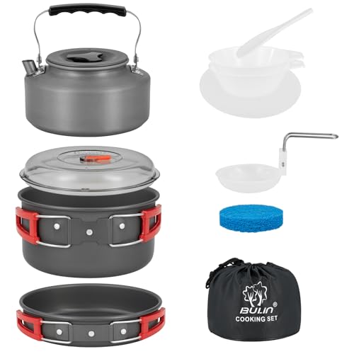 Bulin 11-Teilig Camping Geschirr Set Alu Kochgeschirr Set 2 Personen Topfset Faltbar Outdoor Kochset mit Topf Pfanne Teekessel für Rucksacktour von Bulin