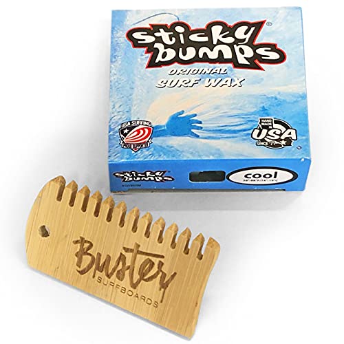 Buster Surfboards Sticky Bumps Original Surfboard Wax Set mit Surf Grip Surfwachs Bambus Waxkamm Temperatur Cool 14°C- 19°C | Anti-Rutsch Board Wachs mit Kamm von Buster Surfboards