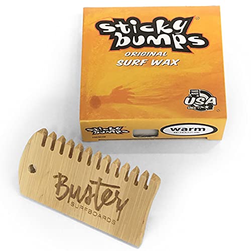 Buster Surfboards Sticky Bumps Original Surfboard Wax Set mit Surf Grip Surfwachs Bambus Waxkamm Temperatur Warm 17°C - 24°C | Anti-Rutsch Board Wachs mit Kamm von Buster Surfboards