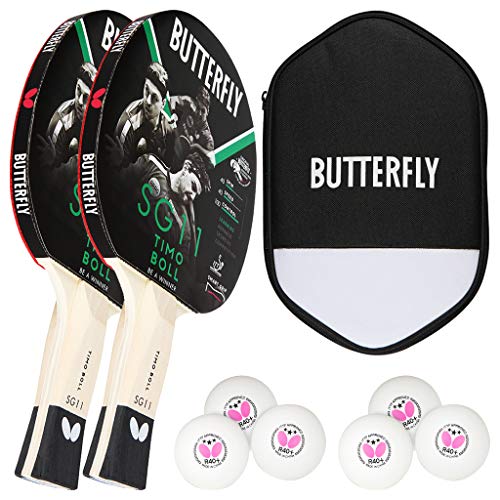 Butterfly Timo Boll 2 x SG11 Tischtennisschläger + Cell Case Tischtennishülle + 2 x 3*** ITTF R40+ Tischtennisbälle | Tischtennisschlägerset | Tischtennis Hobby Set von Butterfly