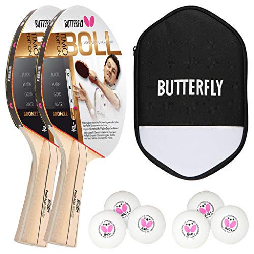 Butterfly Timo Boll Bronze 2 x Tischtennisschläger + Cell Case Tischtennishülle + 2 x 3*** ITTF R40+ Tischtennisbälle | Tischtennisschlägerset | Tischtennis Hobby Set von Butterfly