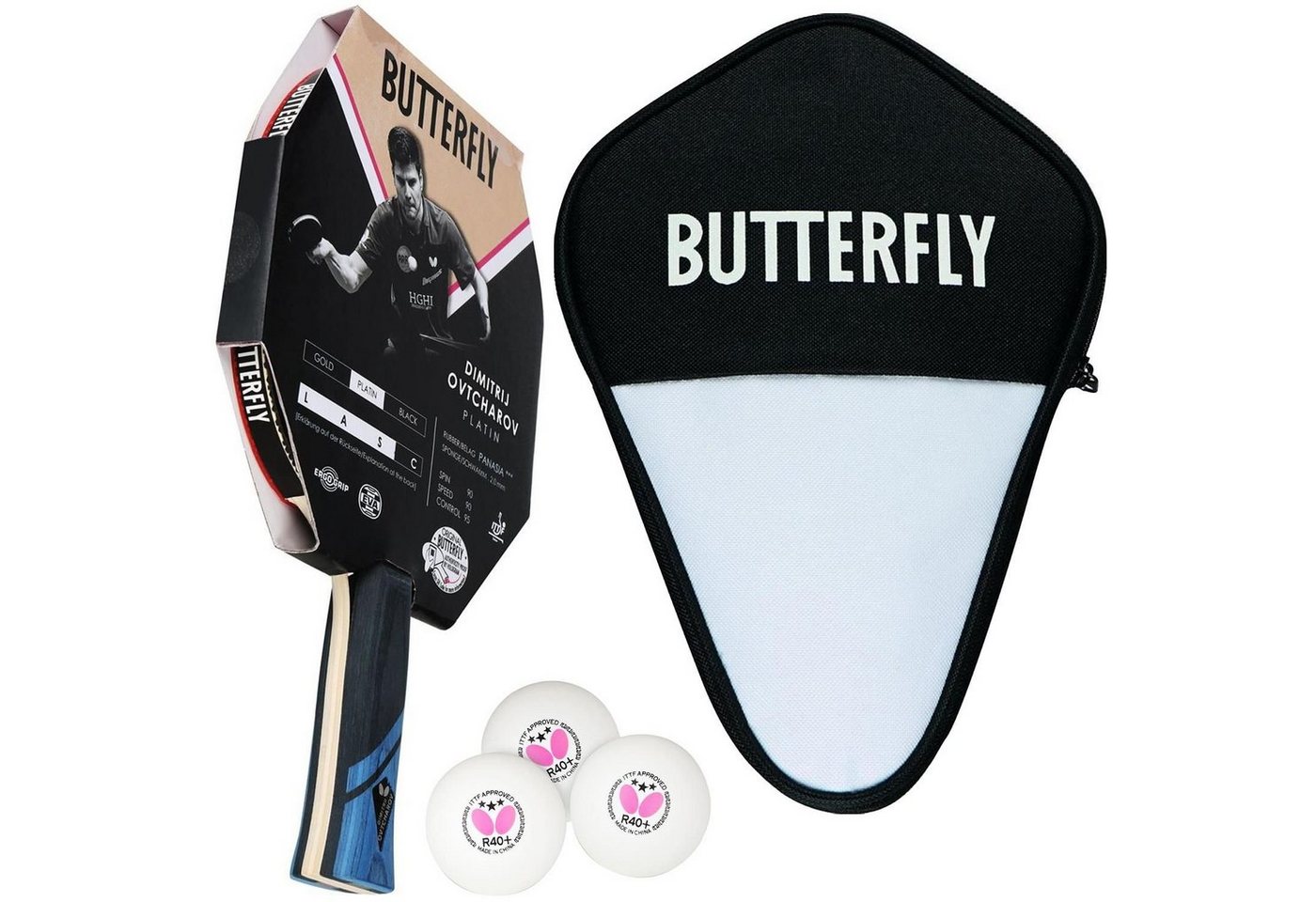 Butterfly Tischtennisschläger 1x Dimitrij Ovtcharov Platin + CC1 + Bälle, Tischtennis Schläger Set Tischtennisset Table Tennis Bat Racket von Butterfly