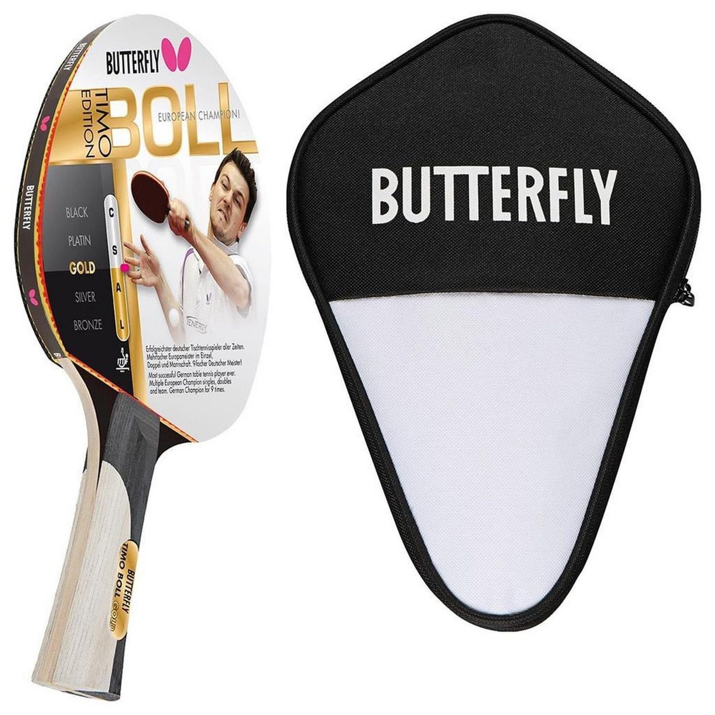 Butterfly Tischtennisschläger 1x Timo Boll Gold 85020 + Cell Case 1, Tischtennis Schläger Set Tischtennisset Table Tennis Bat Racket von Butterfly