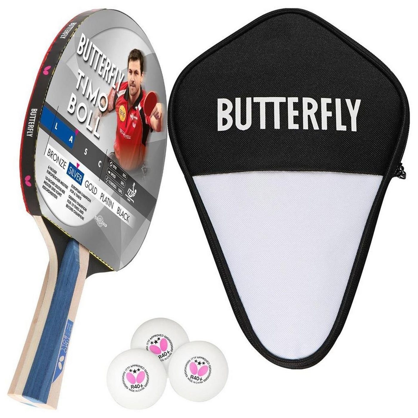Butterfly Tischtennisschläger 1x Timo Boll Silber 85016 + Cell Case 1 + Bälle, Tischtennis Schläger Set Tischtennisset Table Tennis Bat Racket von Butterfly