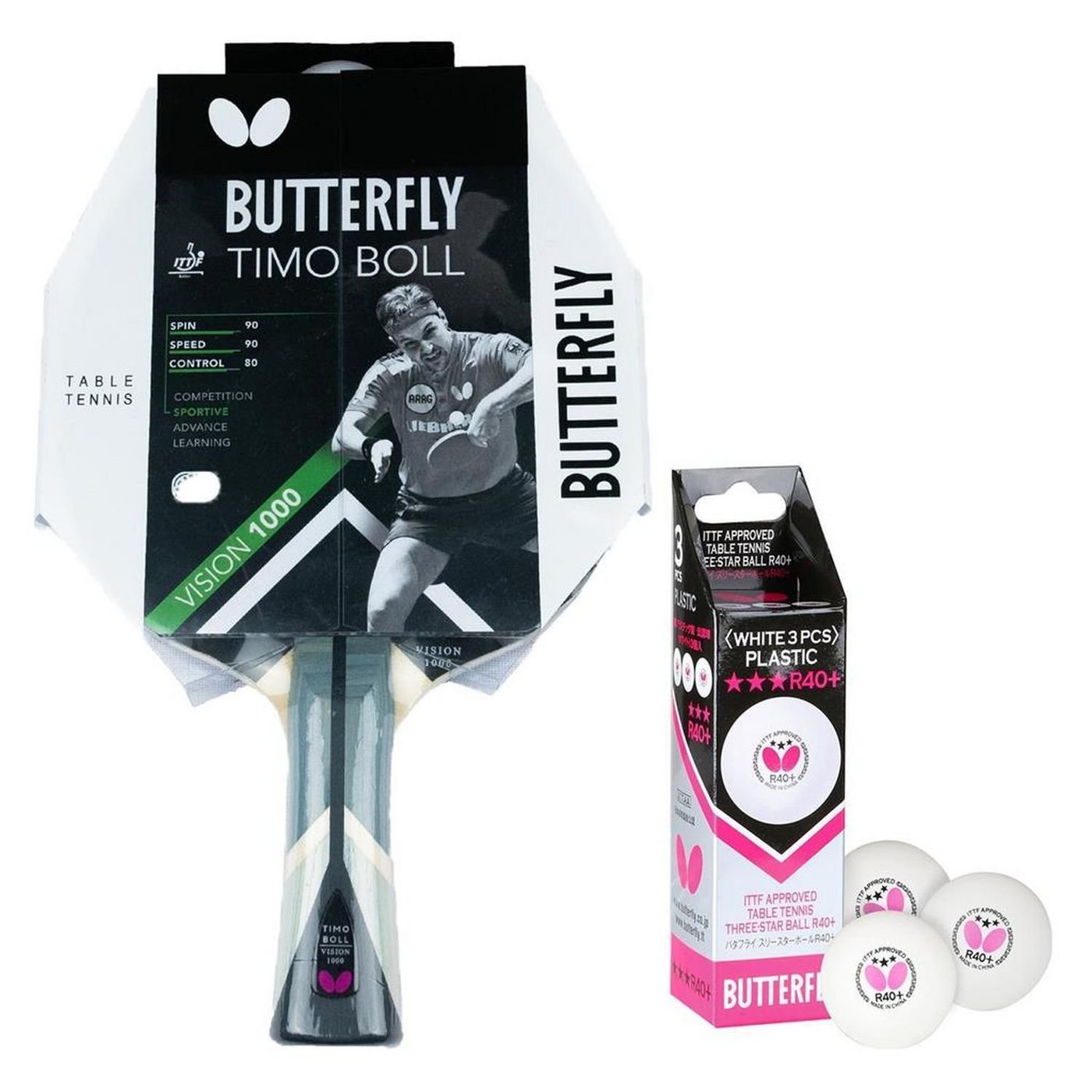 Butterfly Tischtennisschläger 1x Timo Boll Vision 1000 + Bälle, Tischtennis Schläger Set Tischtennisset Table Tennis Bat Racket von Butterfly