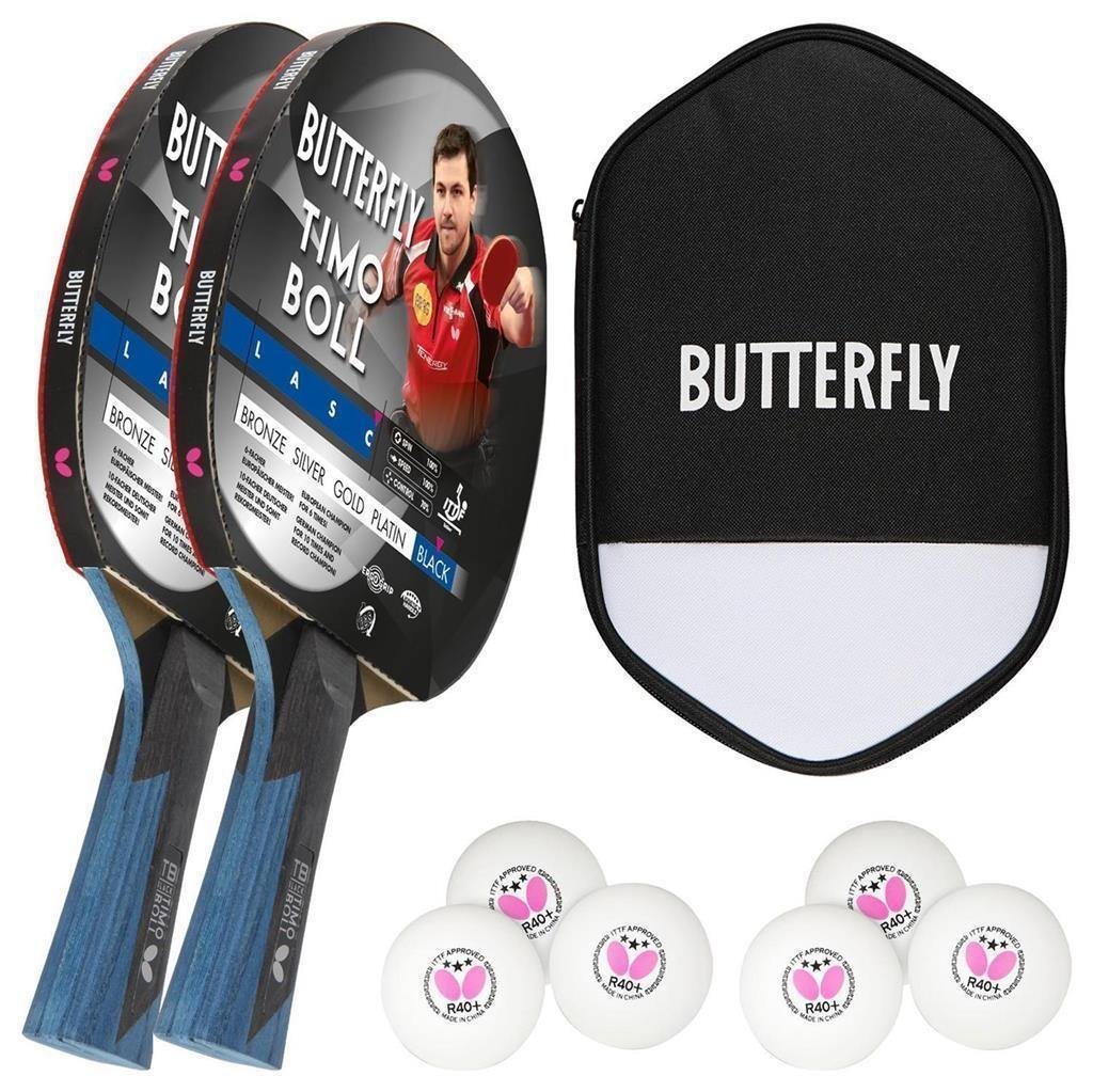 Butterfly Tischtennisschläger 2 x Timo Boll Black 85031 + Cell Case 2 + Bälle, Tischtennis Schläger Set Tischtennisset Table Tennis Bat Racket von Butterfly