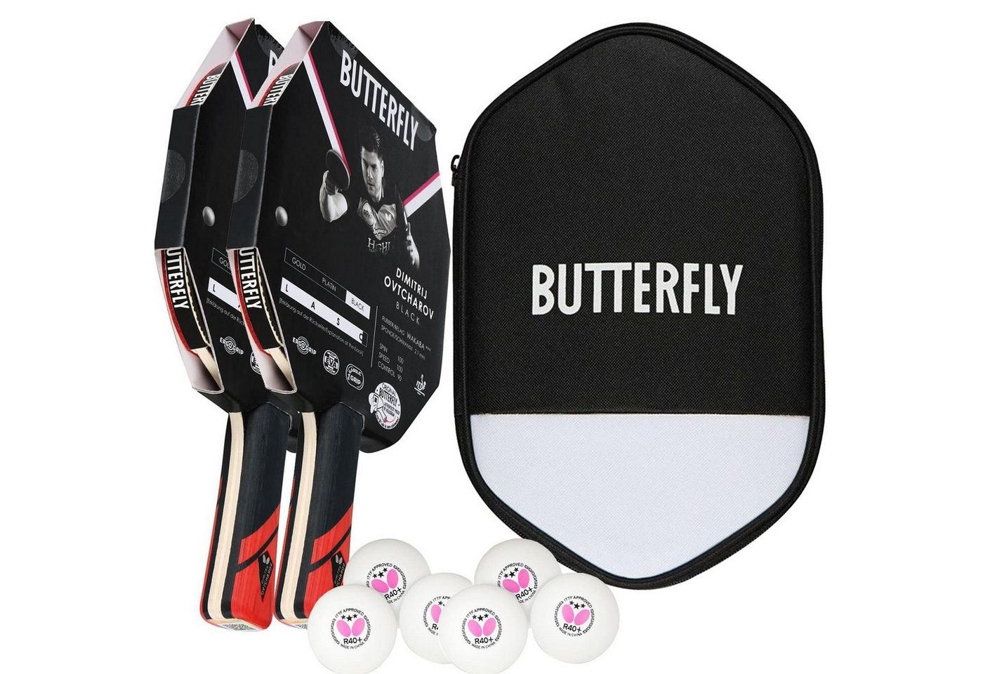 Butterfly Tischtennisschläger 2x Dimitrij Ovtcharov Black + CC2 + Bälle, Tischtennis Schläger Set Tischtennisset Table Tennis Bat Racket von Butterfly