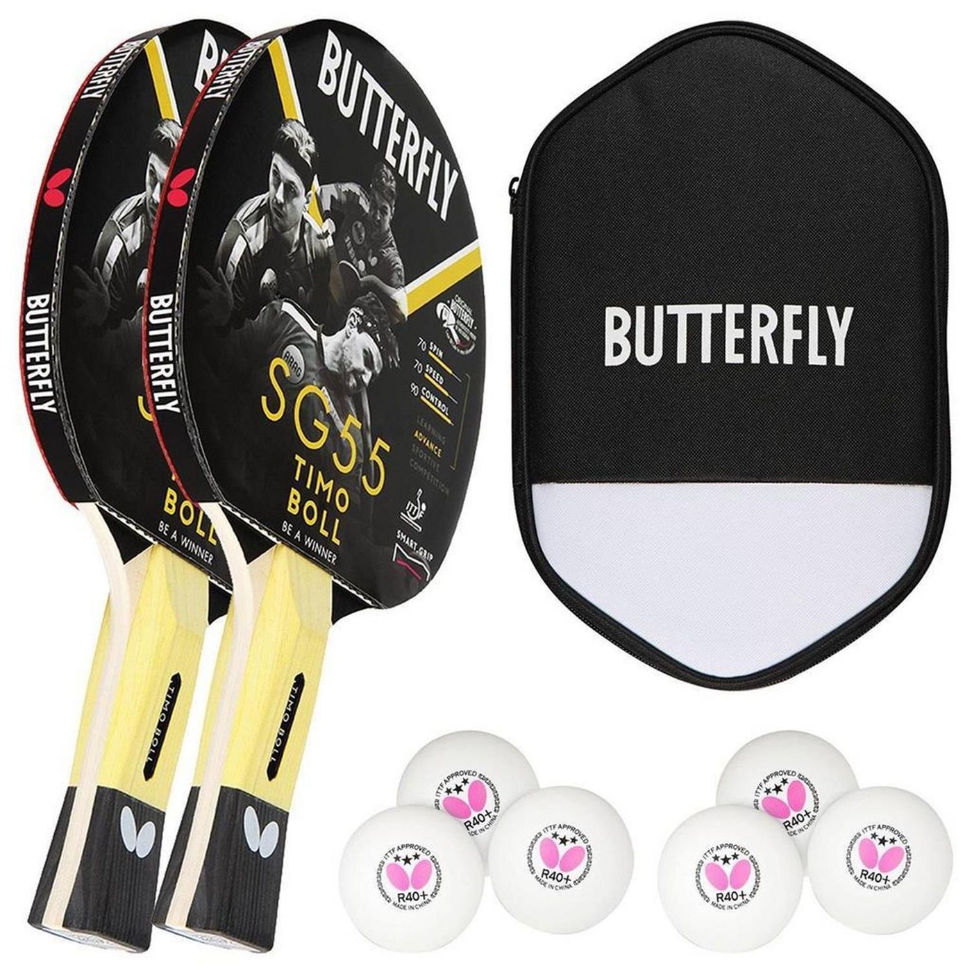 Butterfly Tischtennisschläger 2x Timo Boll SG55 + Cell Case + Bälle, Tischtennis Schläger Set Tischtennisset Table Tennis Bat Racket von Butterfly