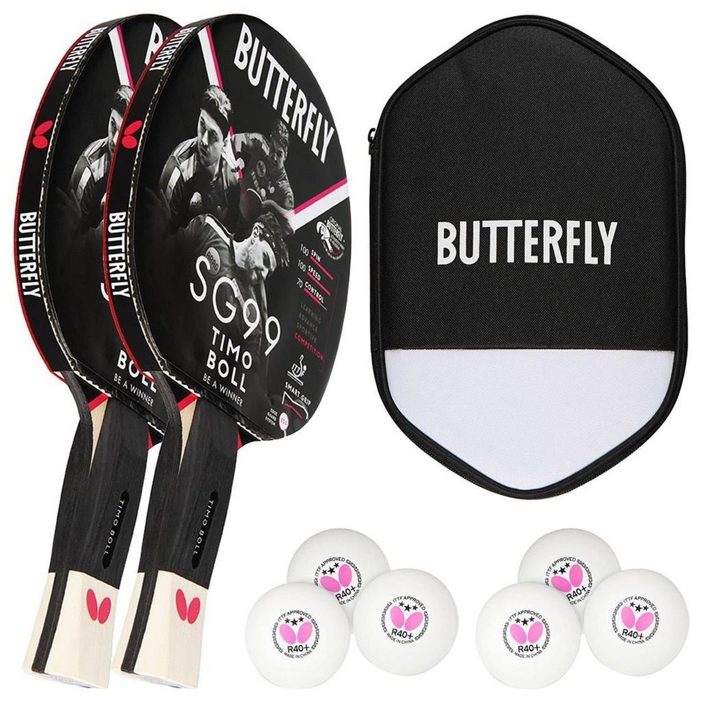 Butterfly Tischtennisschläger 2x Timo Boll SG99 + Cell Case 2 + Bälle, Tischtennis Schläger Set Tischtennisset Table Tennis Bat Racket von Butterfly