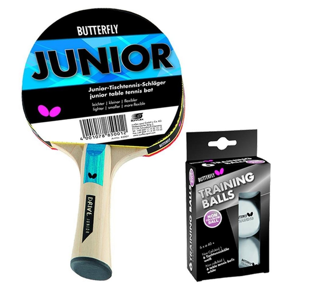 Butterfly Tischtennisschläger Junior + 6 Bälle weiß, Tischtennis Schläger Set Tischtennisset Table Tennis Bat Racket von Butterfly
