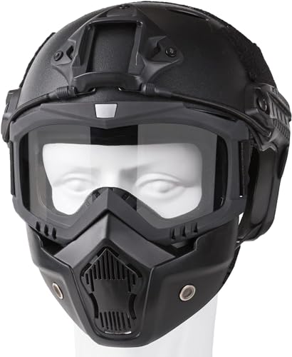 Bvawtrs Taktische Airsoft-Gear-Airsoft-Maske und Helm, Airsoft-Vollgesichtsmaske, abnehmbare Airsoft-Brille, Paintball PJ Fast Helm mit NVG-Halterung vorne und Seitenschiene von Bvawtrs