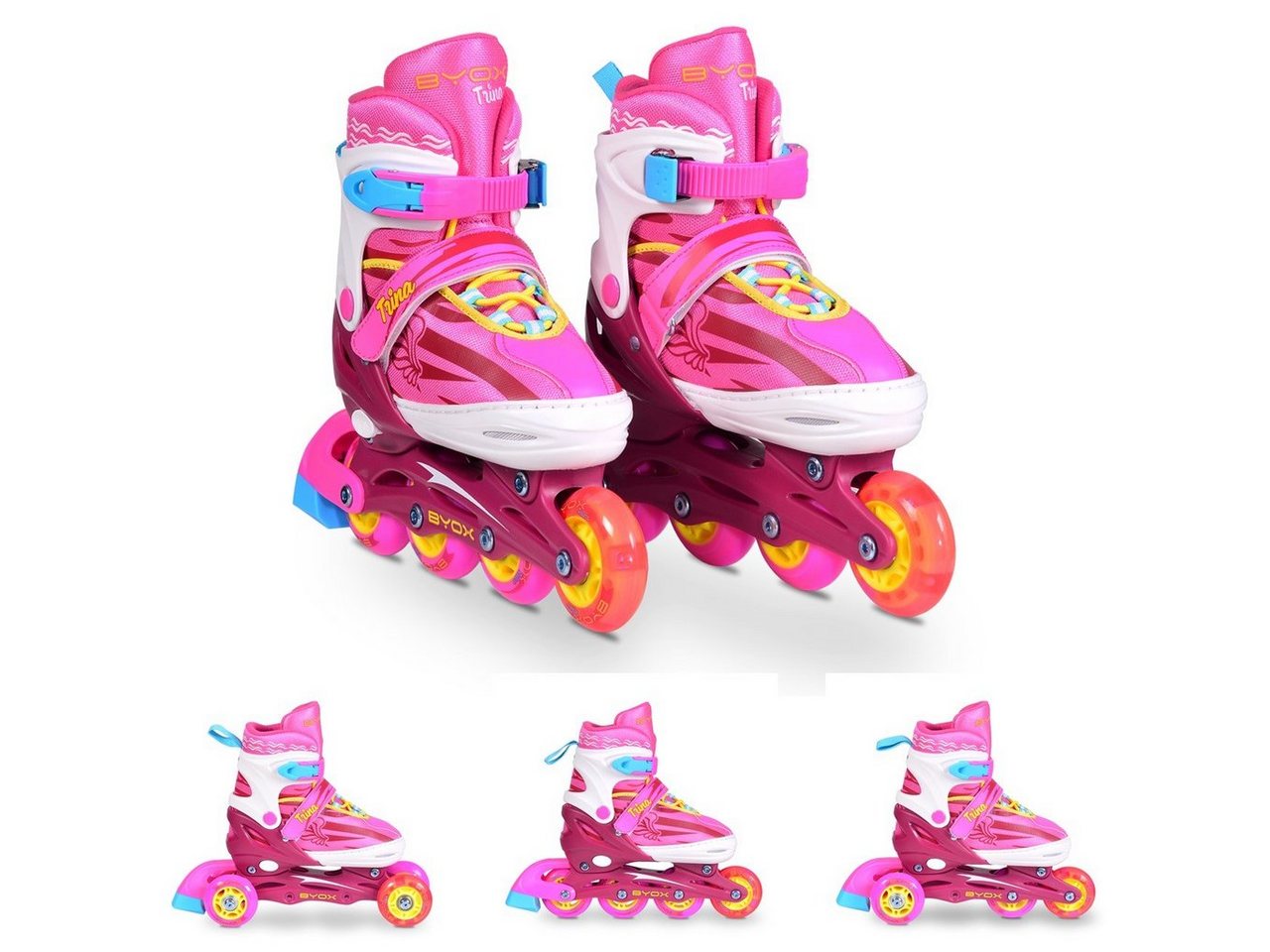 Byox Inlineskates Inliner Kinder Trina 3 in 1, Größe M 34-37 verstellbar, PU Rollen, 608ZB Lager von Byox