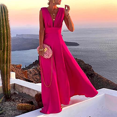 Bysonglezai Frauen-Elegantes einfarbiges V-Ausschnitt-Partei-Kleid-reizvolle rückenfreie Damen-ärmelloses Strand-Kleid-Weinlese-weibliches Kleid L 01Solid von Bysonglezai