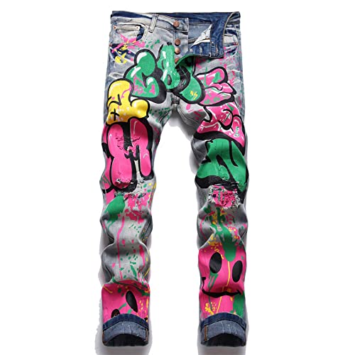 Bysonglezai Jeans Herren Jeanshosen Hose Freizeithose Herren Farbige Doodle Painted Denim Jeans Streetwear Punk Stretch Denim Print Hosen Knöpfe Fliegenlöcher Zerrissene Schlanke Bleistifthose 3 von Bysonglezai