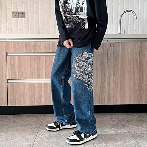 Bysonglezai Jeans Herren Jeanshosen Hose Freizeithose Mode Drachenstickerei Männer Gerade Jeans Hosen Hip Hop Lose Weites Bein Denim L Blau von Bysonglezai