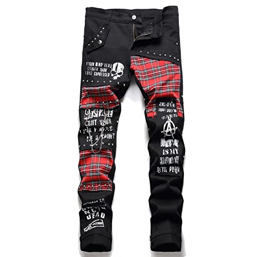 Bysonglezai Jeans Herren Jeanshosen Hose Freizeithose Mode Rot Plaid Patchwork Punk Niet Männer Dünne Jeans Hose Schädel Buchstaben Drucken Hip Hop Kette Denim Hosen 3XL Schwarz von Bysonglezai