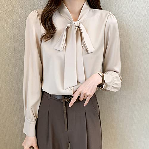 Bluse Temperament Helle Seide Elegante Bluse Frau Langärmelige Schleife Splice Bluse Frauen Knopf Schlank V-Ausschnitt Bluse Frau M Champagner von Bywenzai