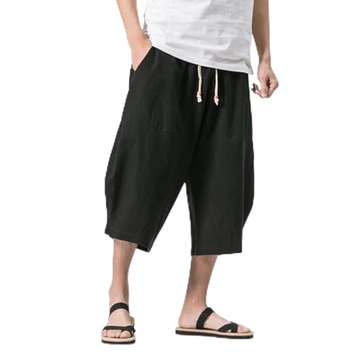 Bywenzai Kurze Hose Männer Baumwolle Leinen Einfarbig Elastische Taille Shorts T Herren Hip-Hop Atmungsaktiv Lässig 3/4 Hosen Japanische Und Koreanische Yogahose XXL Schwarz von Bywenzai