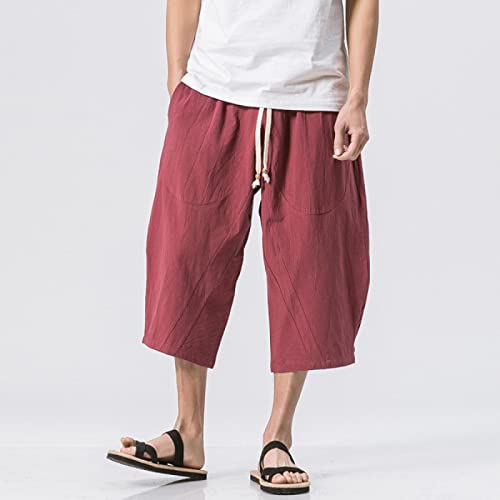 Bywenzai Kurze Hose Männer Baumwolle Leinen Einfarbig Elastische Taille Shorts T Herren Hip-Hop Atmungsaktiv Lässig 3/4 Hosen Japanische Und Koreanische Yogahosen M Rot von Bywenzai