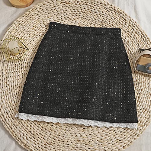 Bywenzai Kurzer Rock Helle Seide Tweed Röcke Damen Elegante Vintage Büro Minirock Patchwork Spitze Wollrock Plus Size Reißverschluss Shorts Rock S Schwarz von Bywenzai