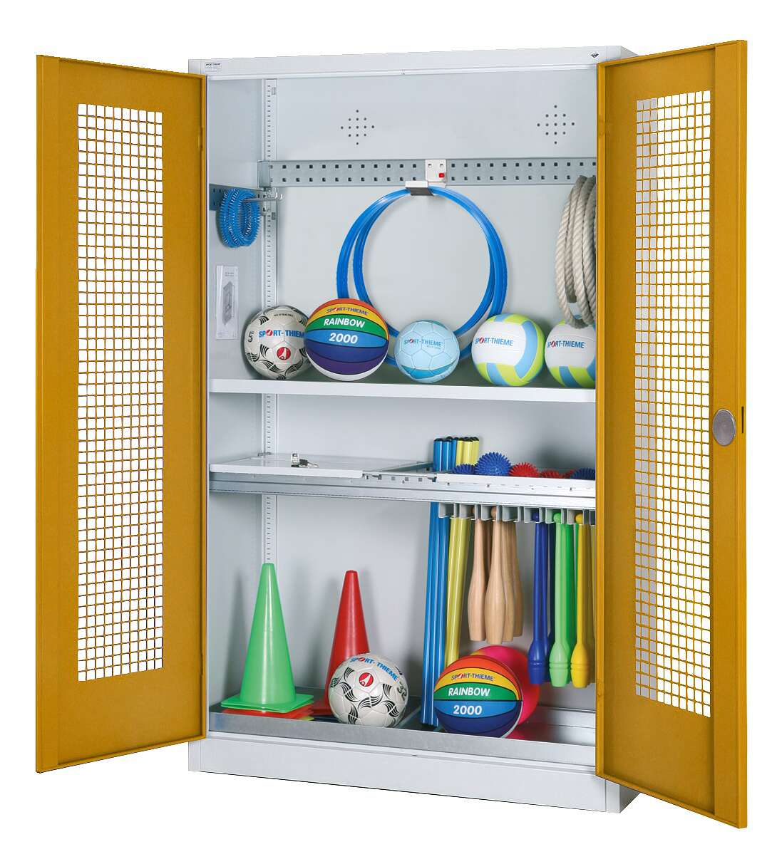 C+P Modul-Sportgeräteschrank "Komplettausstattung" mit Lochblech-Flügeltüren, HxBxT 195x120x50 cm, Goldgelb (RAL 1004), Einzelschließung von C+P