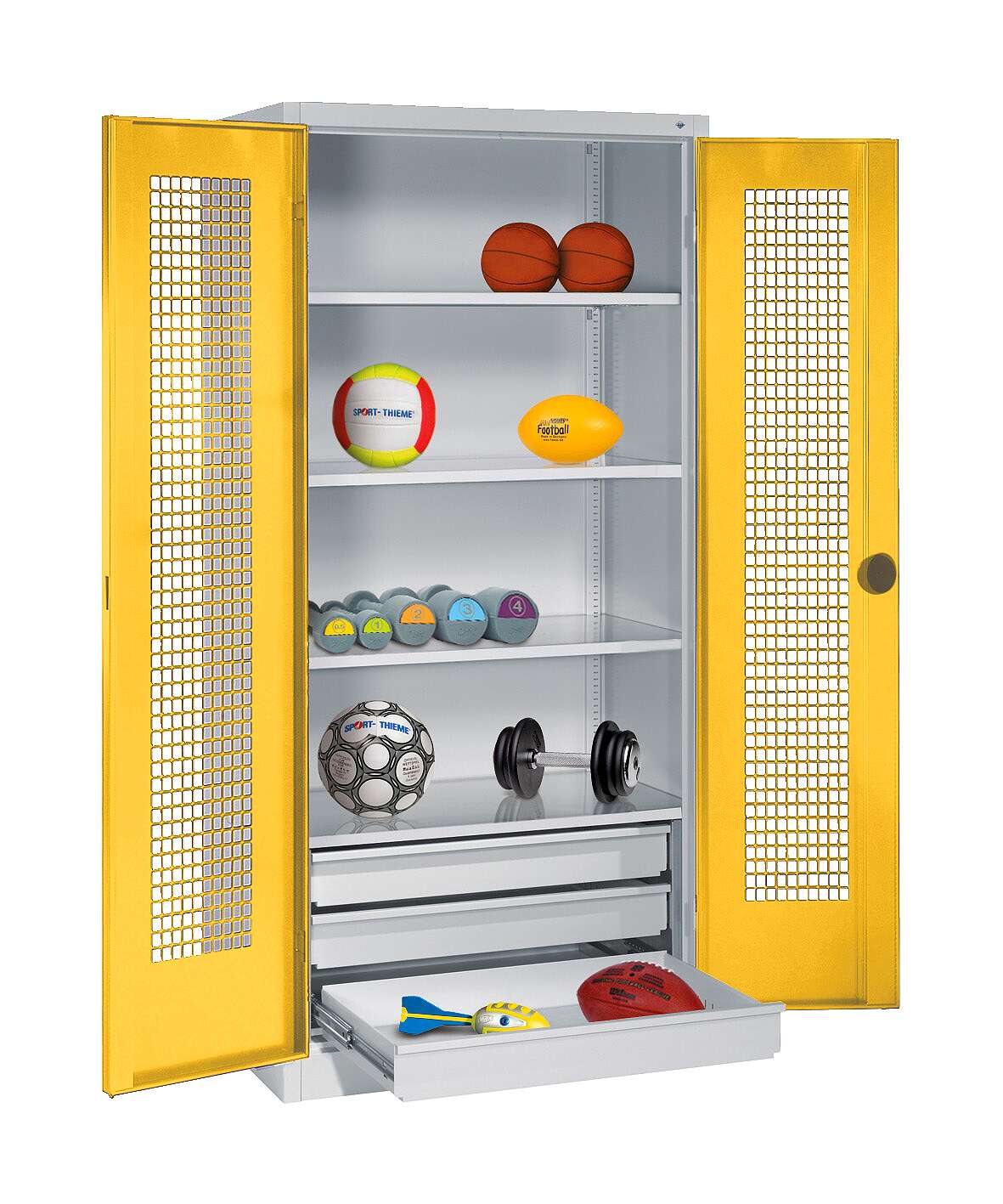 C+P Sportgeräteschrank mit Schubladen und Lochblech-Flügeltüren (Typ 4),  HxBxT 195x120x50 cm, Verkehrsgelb (RAL 1023), Einzelschließung von C+P